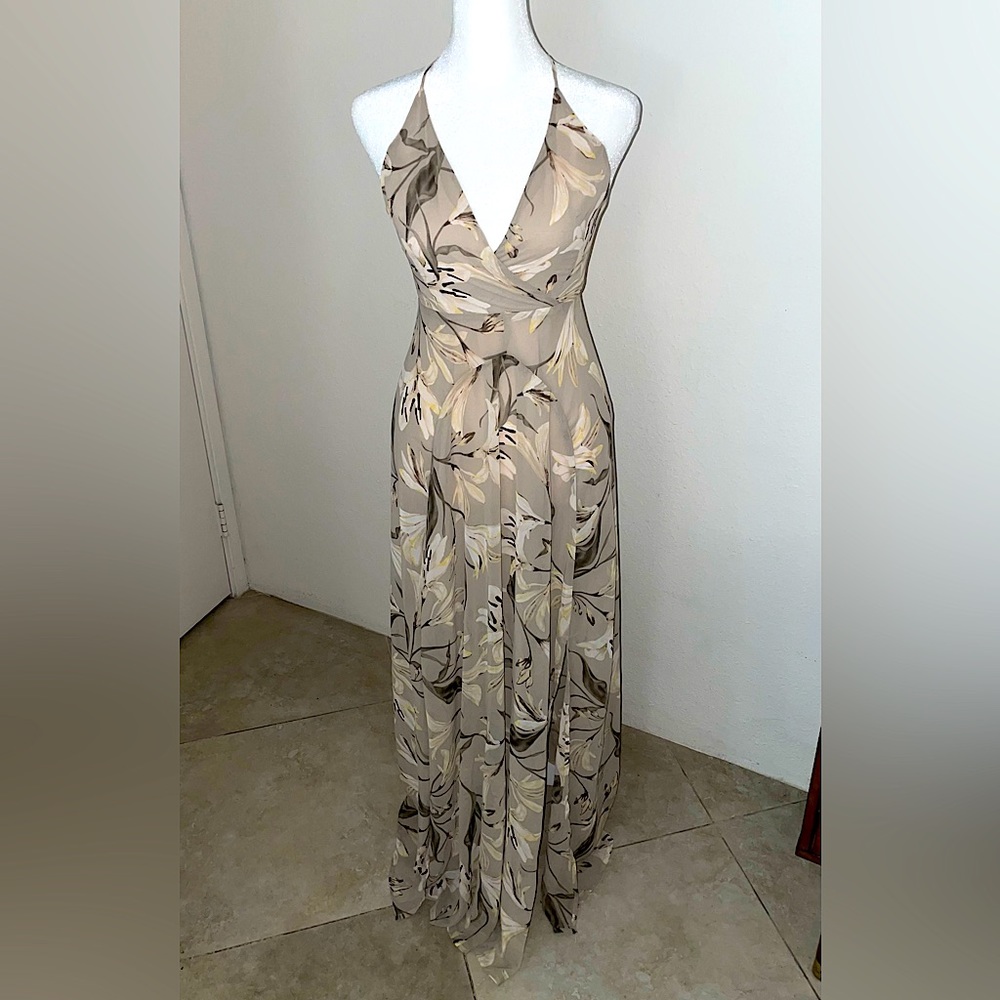 ASTR The Label Taupe Lily Print Tie Back Surplice Maxi Dress Size XS
